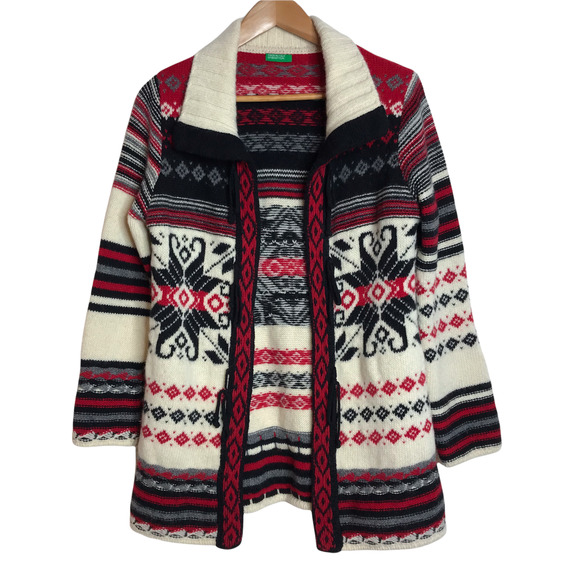 United Colors of Benetton Wool Cardigan Made in Italy Fair Isle Snowflake Red